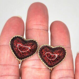 Avon Red Puffy Floral Heart With Gold-Tone Rope Trim Clip-on Earrings